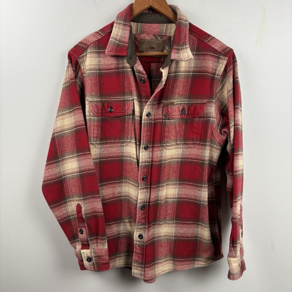 Orvis Men’s Medium Shacket Long Sleeve Shirt Red Beige Pocket Button Up Heavy - Picture 2 of 13